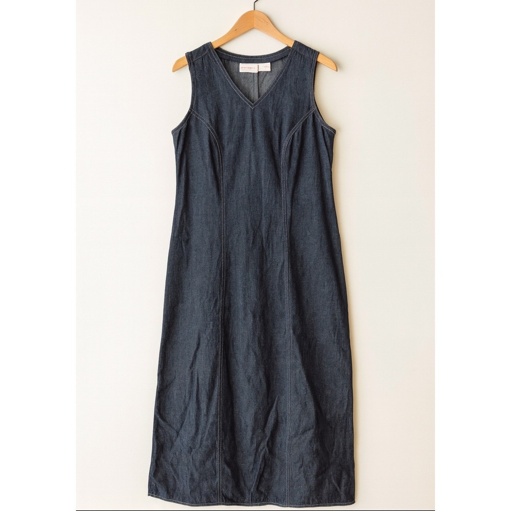 Vintage Expressions sz S Women Long Denim Sleeveless Zip Up VNeck Maxi Dress 90s